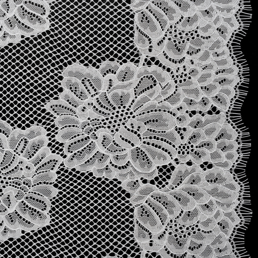 Corded Raschel Lace Panel with Finished Edges - Ivory Big Flowers on Diamond Net