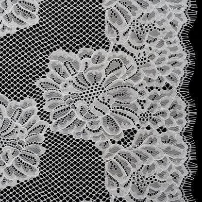 Corded Raschel Lace Panel with Finished Edges - Ivory Big Flowers on Diamond Net