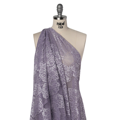 Corded Raschel Lace Panel with Finished Edges - Lavender and Ivory Big Flowers on Diamond Net