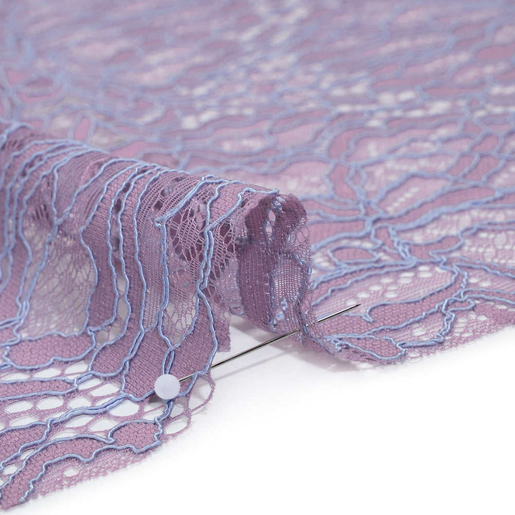 Corded Raschel Lace Panel with Finished Edges - Lavender and Sky Blue All-Over Flowers and Leaves - Detail