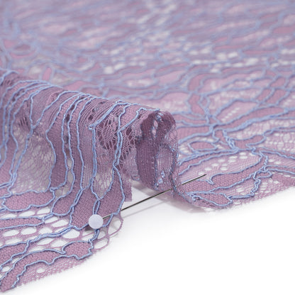 Corded Raschel Lace Panel with Finished Edges - Lavender and Sky Blue All-Over Flowers and Leaves
