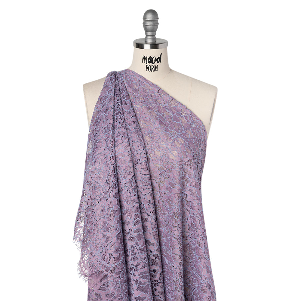 Corded Raschel Lace Panel with Finished Edges - Lavender and Sky Blue All-Over Flowers and Leaves - Drape