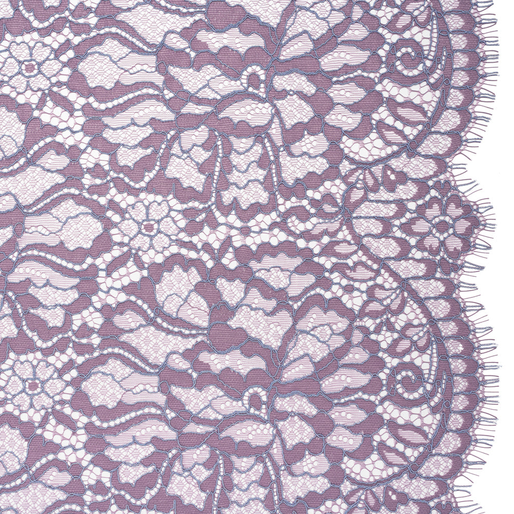 Corded Raschel Lace Panel with Finished Edges - Lavender and Sky Blue All-Over Flowers and Leaves