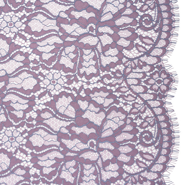 Corded Raschel Lace Panel with Finished Edges - Lavender and Sky Blue All-Over Flowers and Leaves