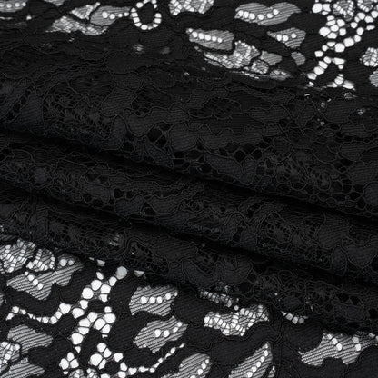 Corded Raschel Lace Panel with Finished Edges - Black All-Over Flowers and Leaves Folded