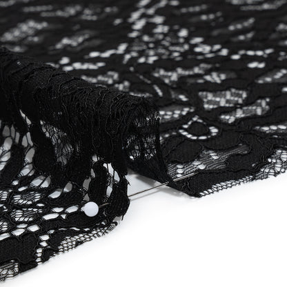 Corded Raschel Lace Panel with Finished Edges - Black All-Over Flowers and Leaves Detail