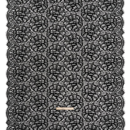 Corded Raschel Lace Panel with Finished Edges - Black All-Over Flowers and Leaves Full