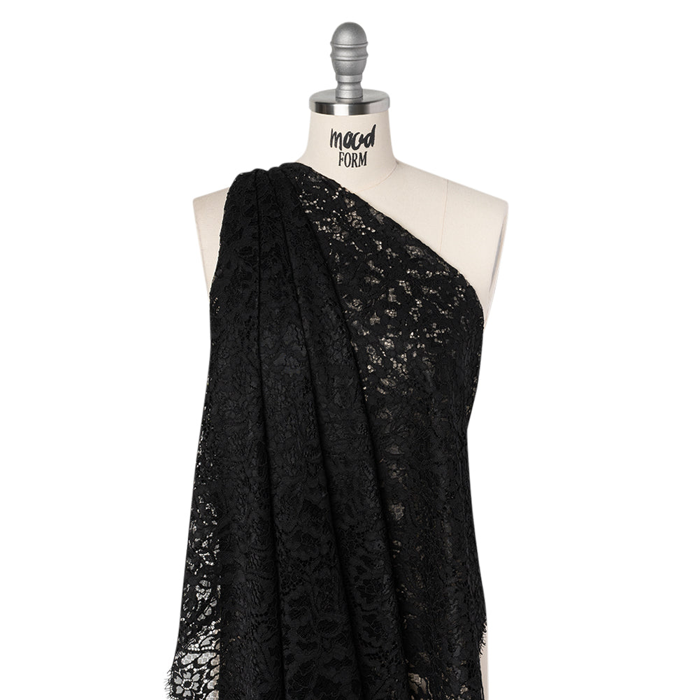 Corded Raschel Lace Panel with Finished Edges - Black All-Over Flowers and Leaves Drape