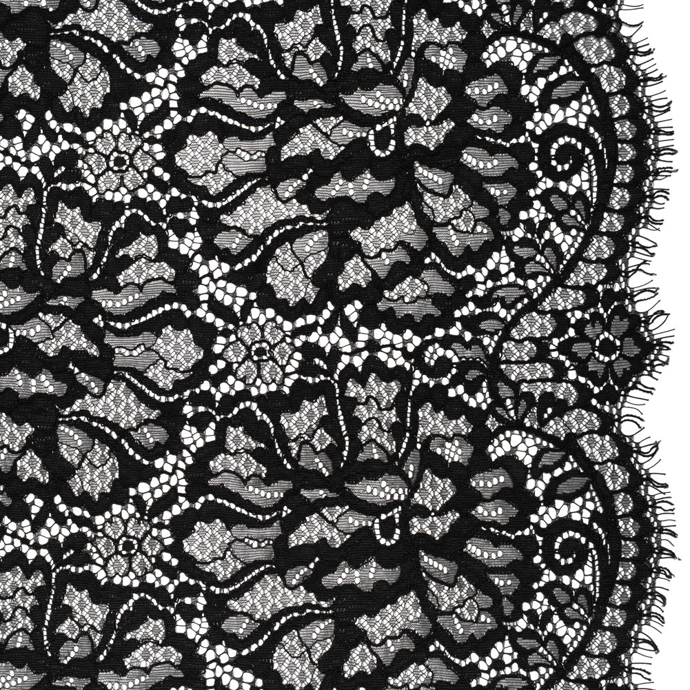 Corded Raschel Lace Panel with Finished Edges - Black All-Over Flowers and Leaves