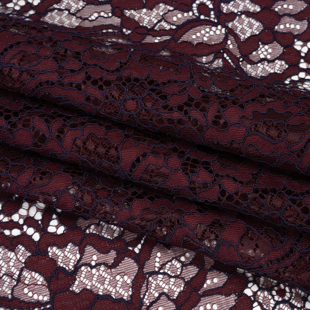 Corded Raschel Lace Panel with Finished Edges - Burgundy and Navy All-Over Flowers and Leaves Folded
