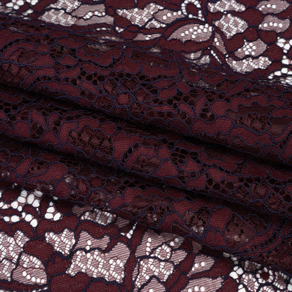 Corded Raschel Lace Panel with Finished Edges - Burgundy and Navy All-Over Flowers and Leaves Folded