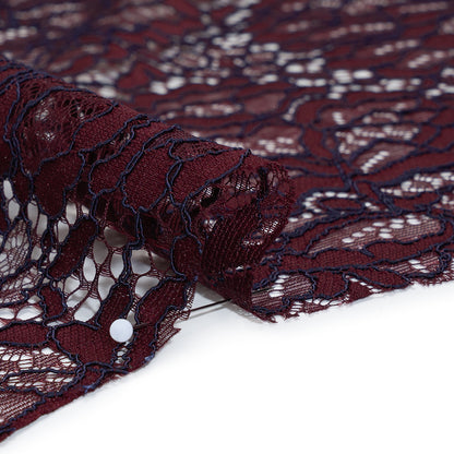 Corded Raschel Lace Panel with Finished Edges - Burgundy and Navy All-Over Flowers and Leaves Detail
