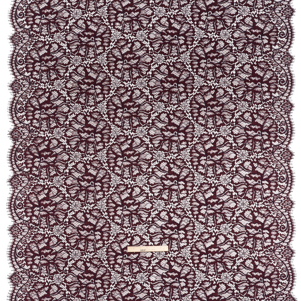 Corded Raschel Lace Panel with Finished Edges - Burgundy and Navy All-Over Flowers and Leaves Full