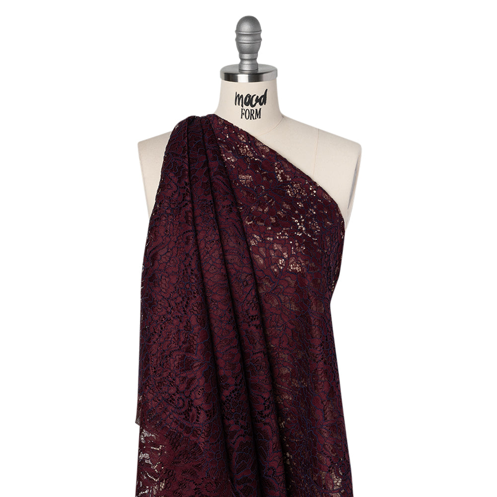 Corded Raschel Lace Panel with Finished Edges - Burgundy and Navy All-Over Flowers and Leaves Drape