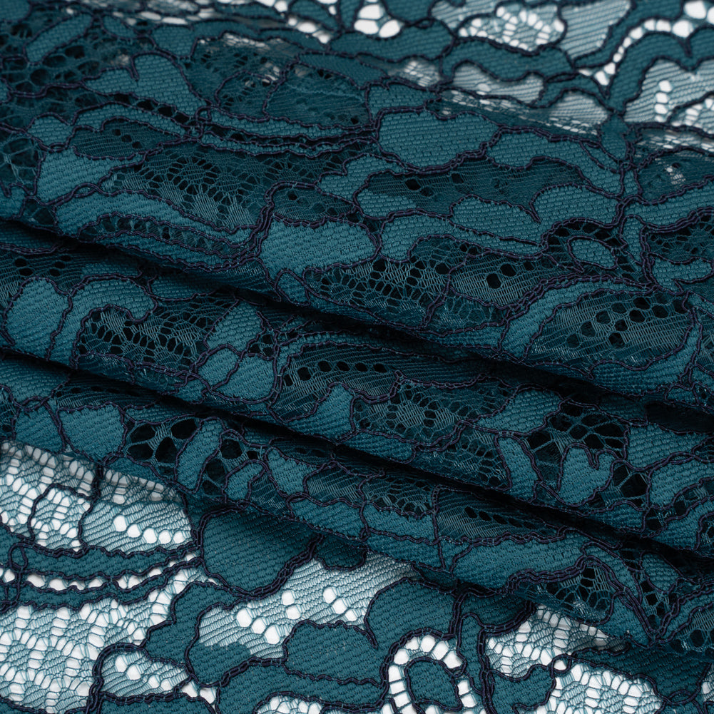 Corded Raschel Lace Panel with Finished Edges - Dark Teal and Navy All-Over Flowers and Leaves - Folded