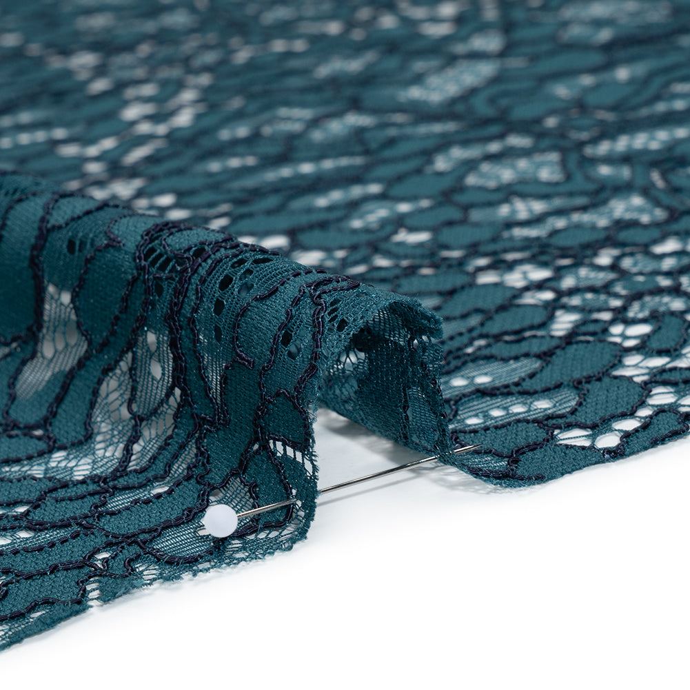 Corded Raschel Lace Panel with Finished Edges - Dark Teal and Navy All-Over Flowers and Leaves - Detail
