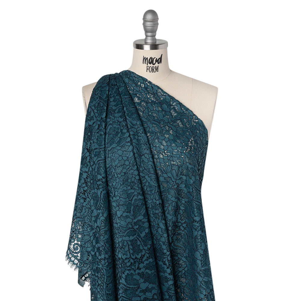 Corded Raschel Lace Panel with Finished Edges - Dark Teal and Navy All-Over Flowers and Leaves - Drape