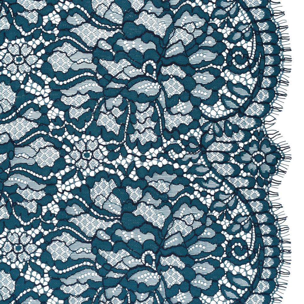 Corded Raschel Lace Panel with Finished Edges - Dark Teal and Navy All-Over Flowers and Leaves