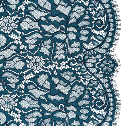 Corded Raschel Lace Panel with Finished Edges - Dark Teal and Navy All-Over Flowers and Leaves