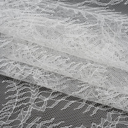 Raschel Lace Panel with Finished Edges - Ivory Delicate Leafy Vines on Net