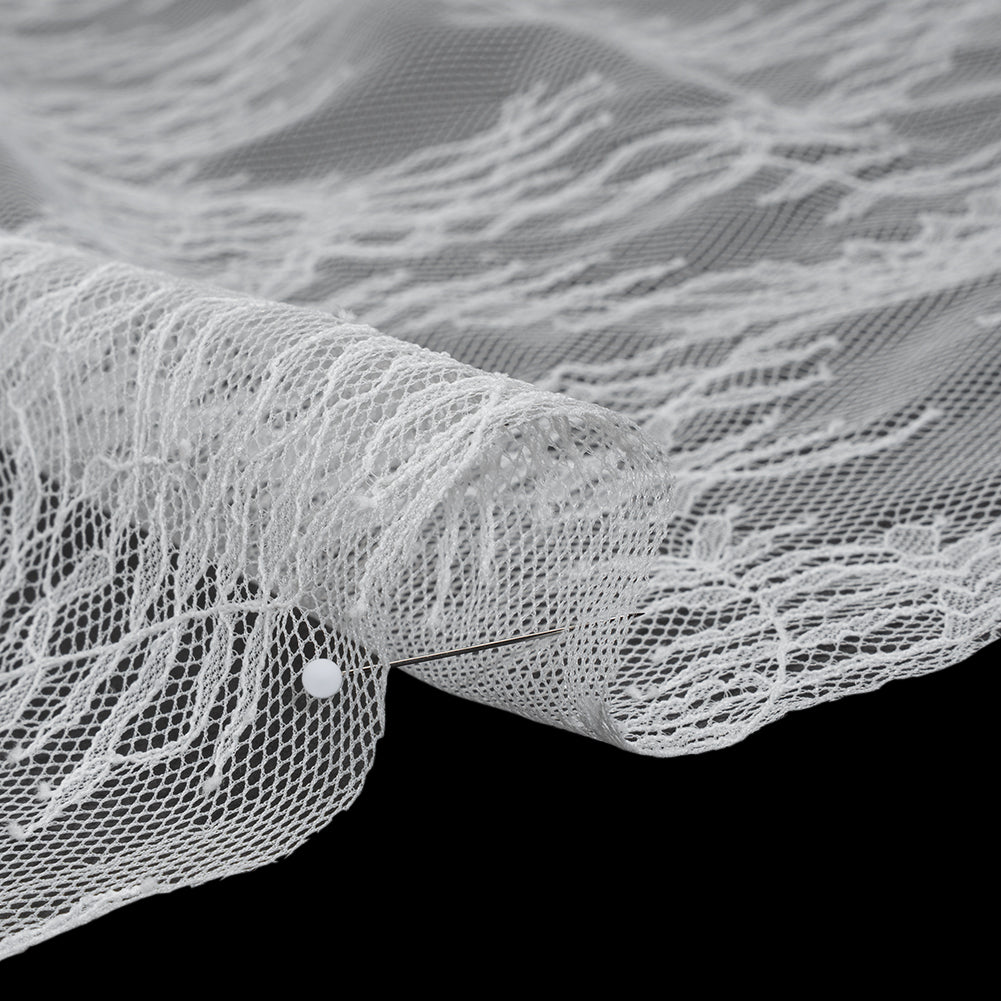 Raschel Lace Panel with Finished Edges - Ivory Delicate Leafy Vines on Net - Detail