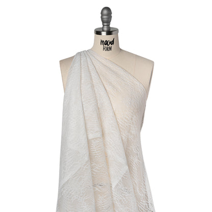 Raschel Lace Panel with Finished Edges - Ivory Delicate Leafy Vines on Net