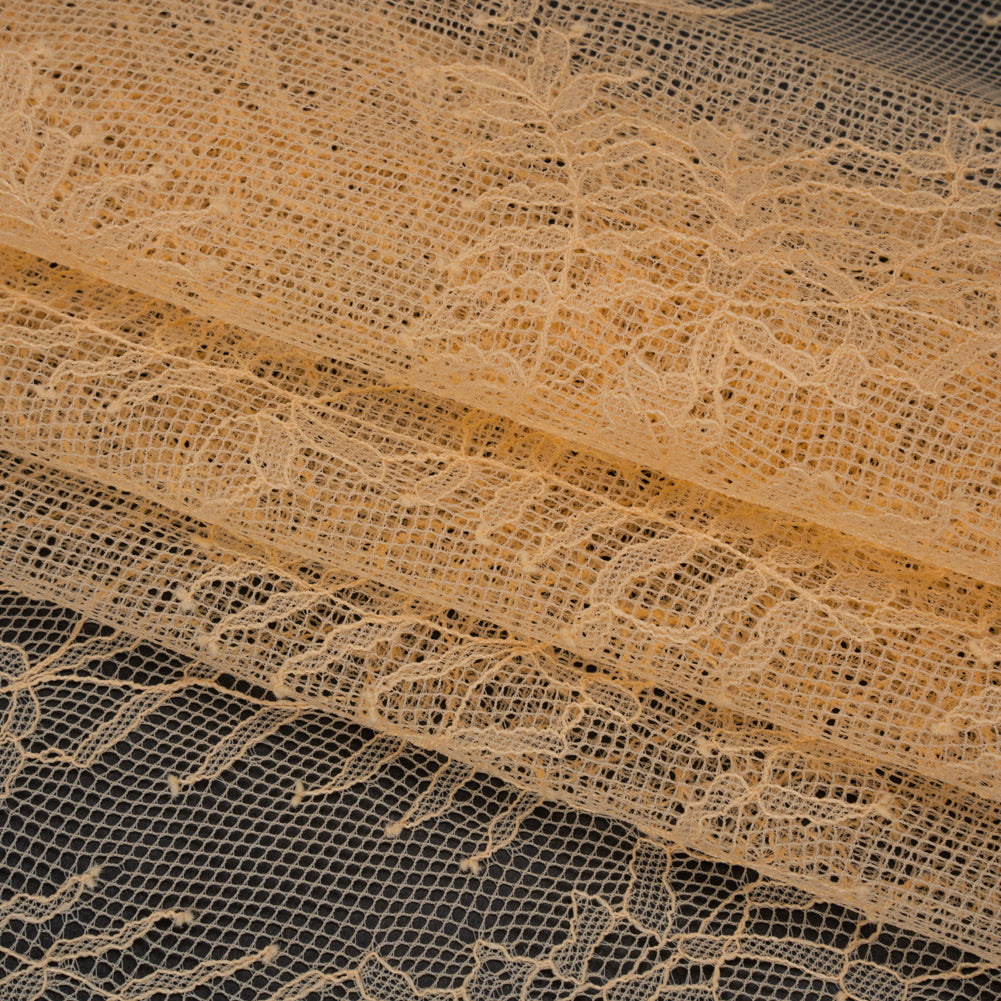 Raschel Lace Panel with Finished Edges - Buff Delicate Leafy Vines on Net - Folded
