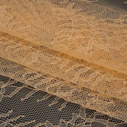 Raschel Lace Panel with Finished Edges - Buff Delicate Leafy Vines on Net