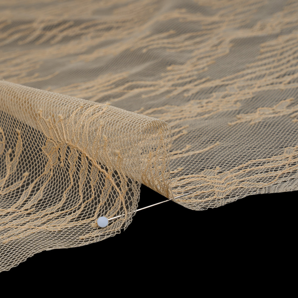 Raschel Lace Panel with Finished Edges - Buff Delicate Leafy Vines on Net - Detail