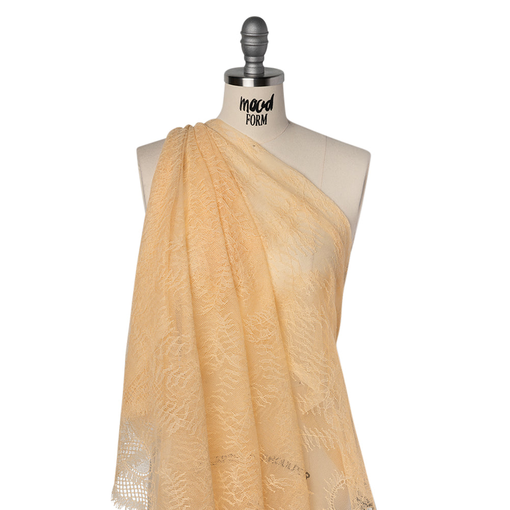 Raschel Lace Panel with Finished Edges - Buff Delicate Leafy Vines on Net - Drape