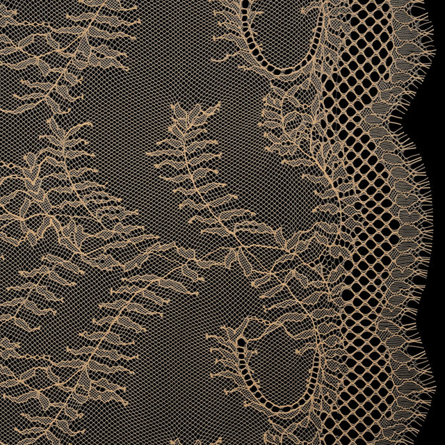 Raschel Lace Panel with Finished Edges - Buff Delicate Leafy Vines on Net