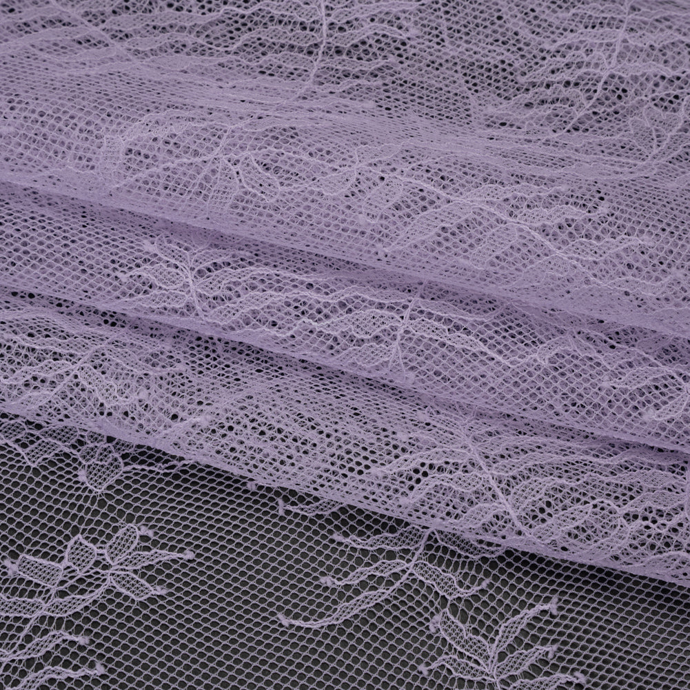 Raschel Lace Panel with Finished Edges - Lavender Delicate Leafy Vines on Net - Folded