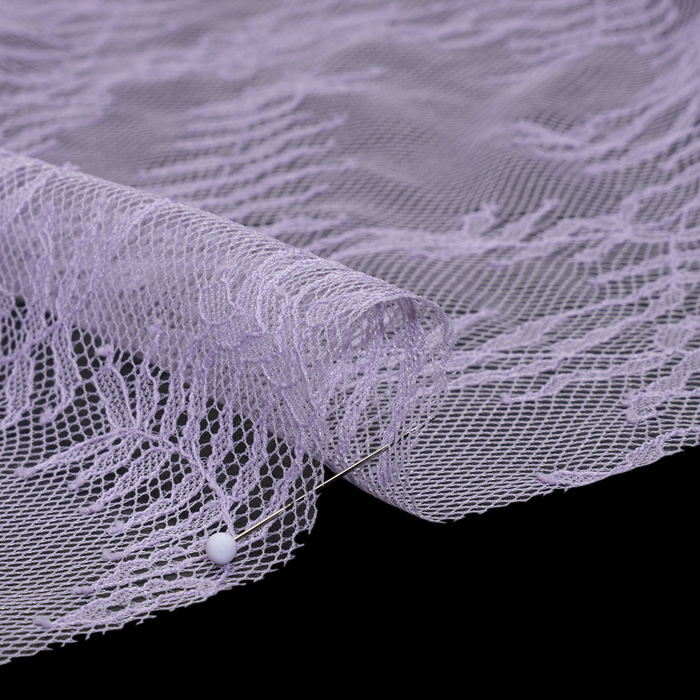 Raschel Lace Panel with Finished Edges - Lavender Delicate Leafy Vines on Net - Detail