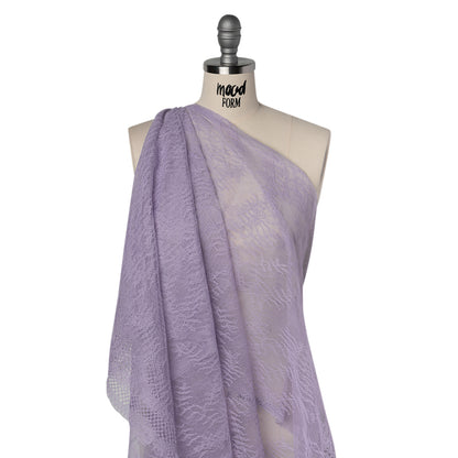 Raschel Lace Panel with Finished Edges - Lavender Delicate Leafy Vines on Net