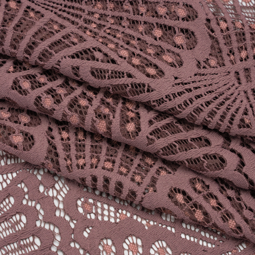 Stretch Raschel Lace with Finished Edges - Old Rose and Salmon Shell Fans - Folded