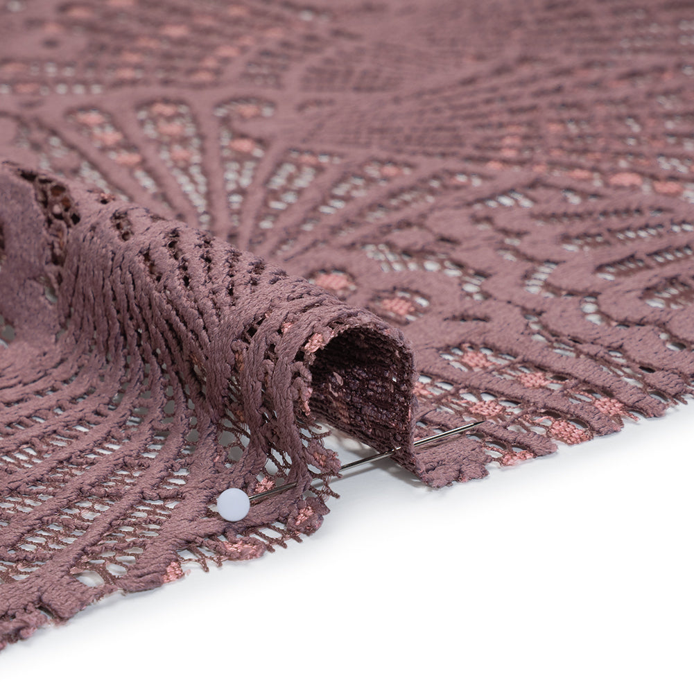 Stretch Raschel Lace with Finished Edges - Old Rose and Salmon Shell Fans - Detail