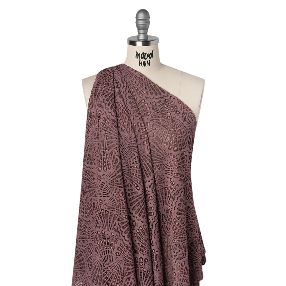 Stretch Raschel Lace with Finished Edges - Old Rose and Salmon Shell Fans - Drape