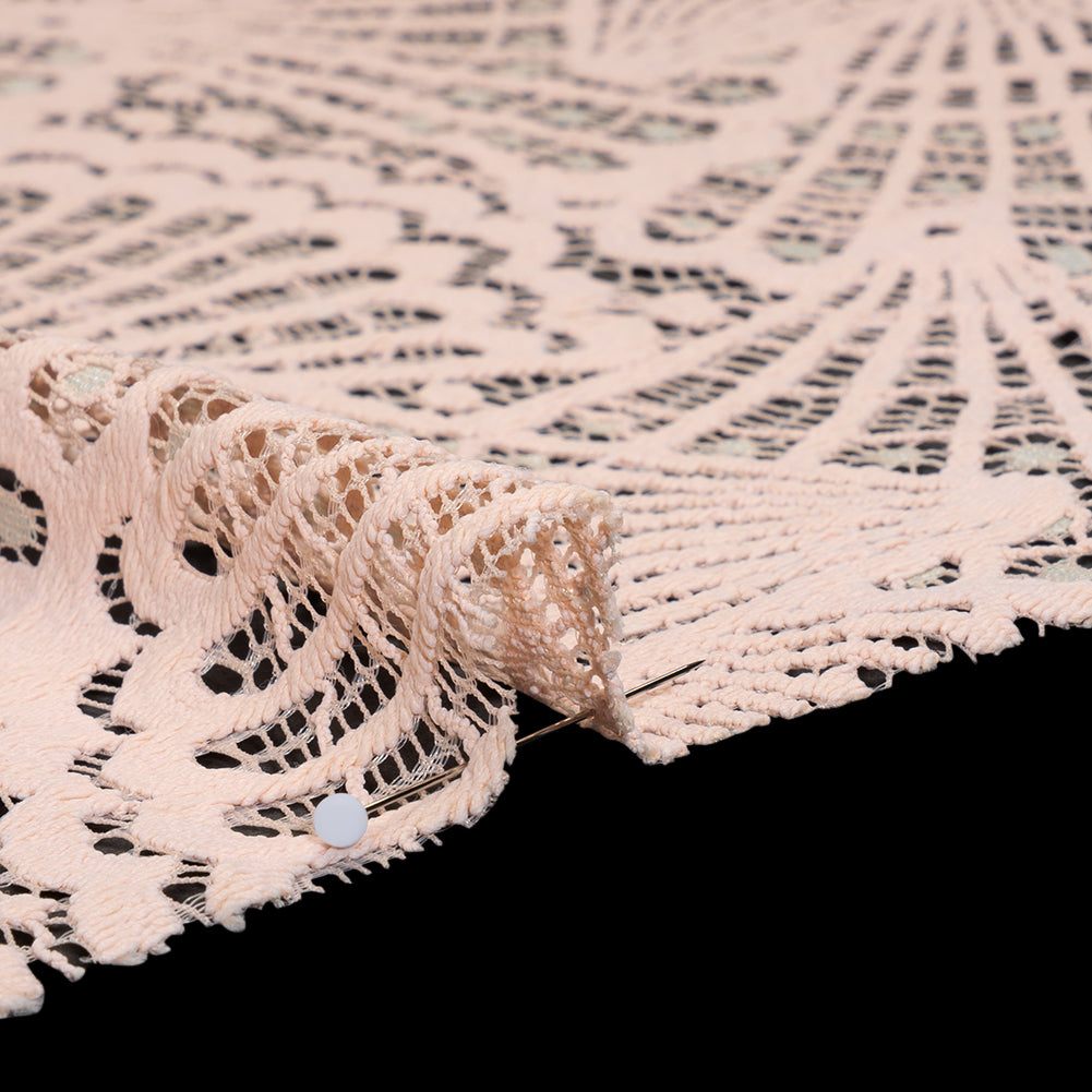 Stretch Raschel Lace with Finished Edges - Blush Pink and Light Blue Shell Fans - Detail