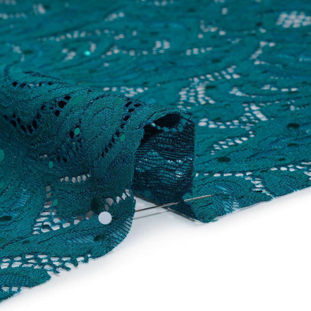 Stretch Raschel Lace with Metallic Spots - Dark Teal and Navy Fancy Leaves and Flowers - Detail