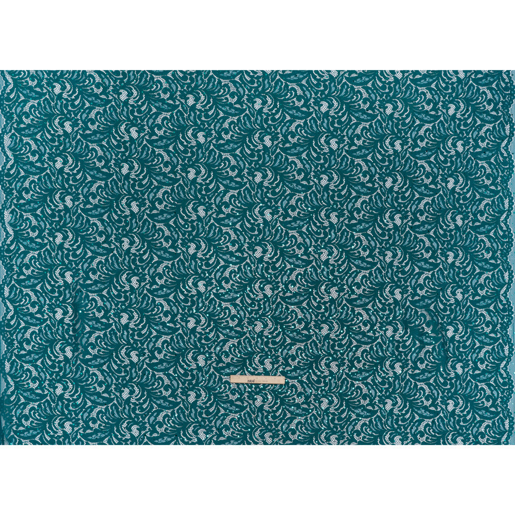 Stretch Raschel Lace with Metallic Spots - Dark Teal and Navy Fancy Leaves and Flowers - Full