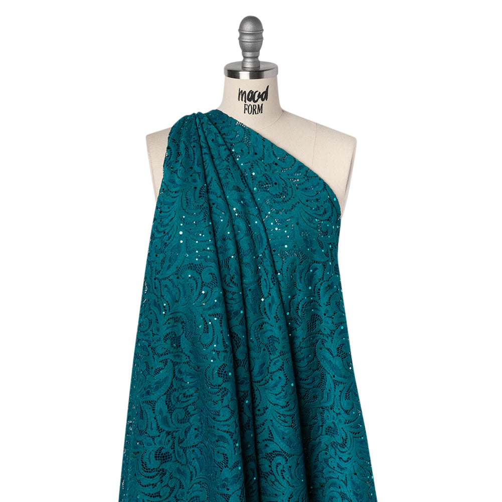 Stretch Raschel Lace with Metallic Spots - Dark Teal and Navy Fancy Leaves and Flowers - Drape