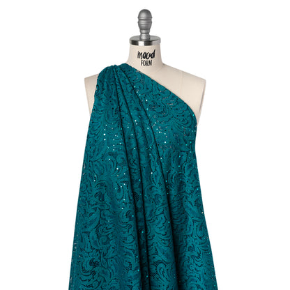 Stretch Raschel Lace with Metallic Spots - Dark Teal and Navy Fancy Leaves and Flowers