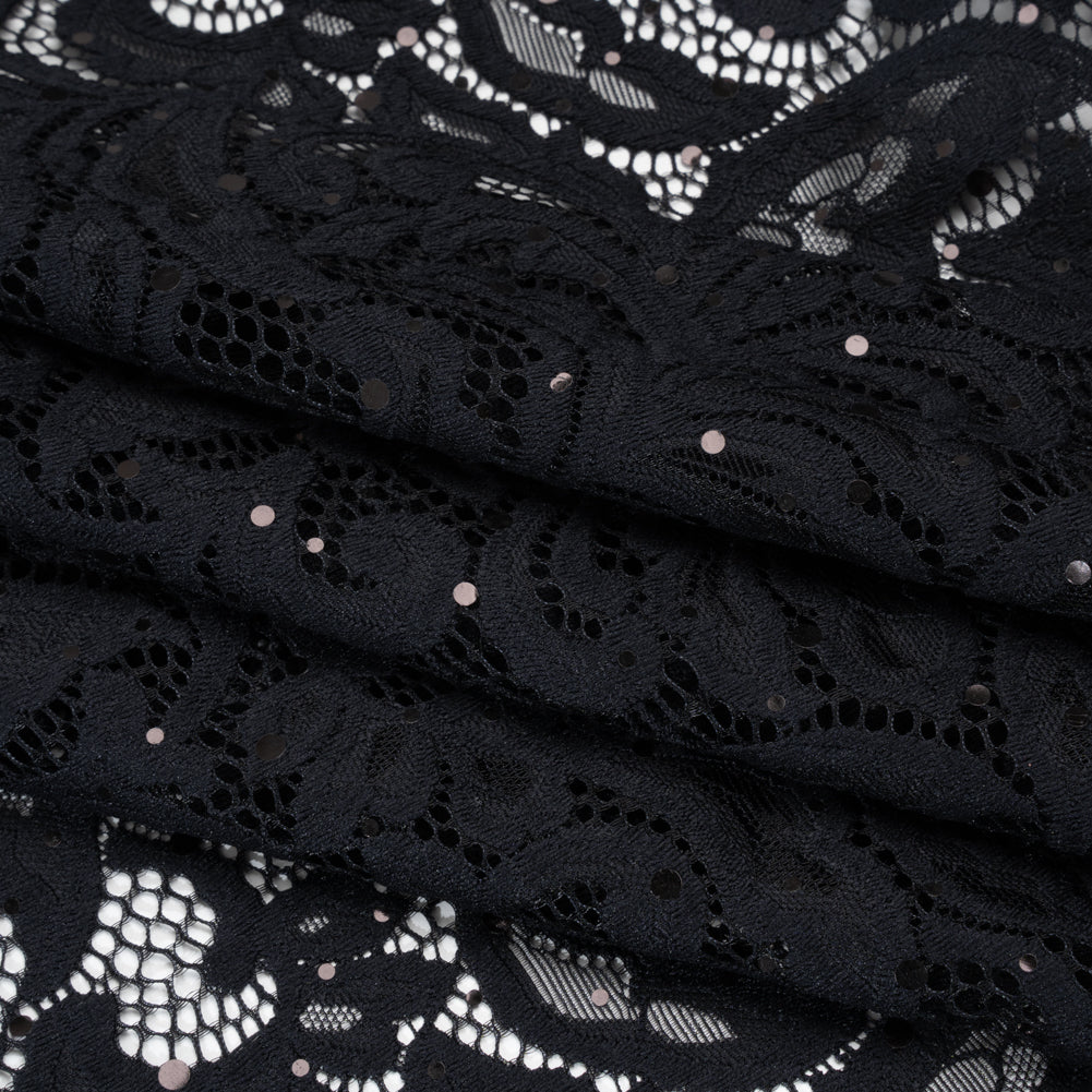 Stretch Raschel Lace with Metallic Spots - Black Fancy Leaves and Flowers - Folded