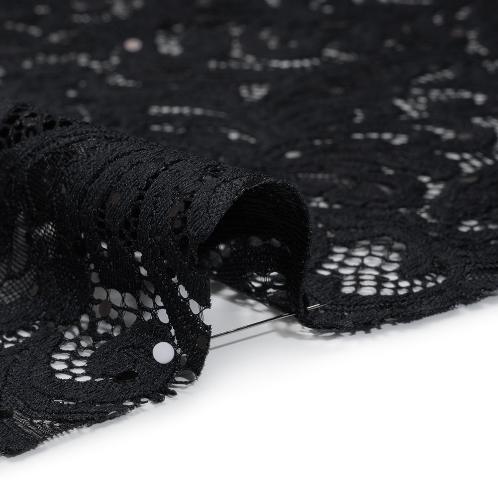 Stretch Raschel Lace with Metallic Spots - Black Fancy Leaves and Flowers - Detail