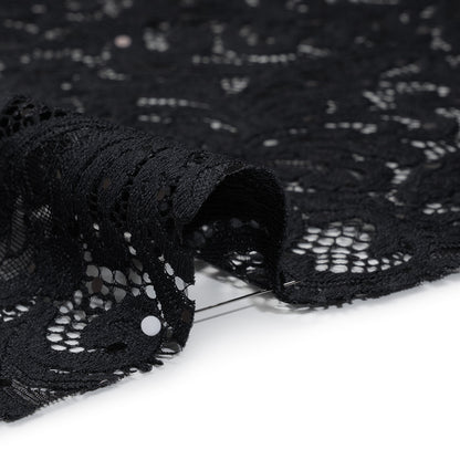 Stretch Raschel Lace with Metallic Spots - Black Fancy Leaves and Flowers
