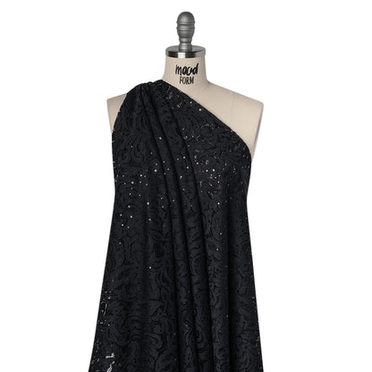 Stretch Raschel Lace with Metallic Spots - Black Fancy Leaves and Flowers