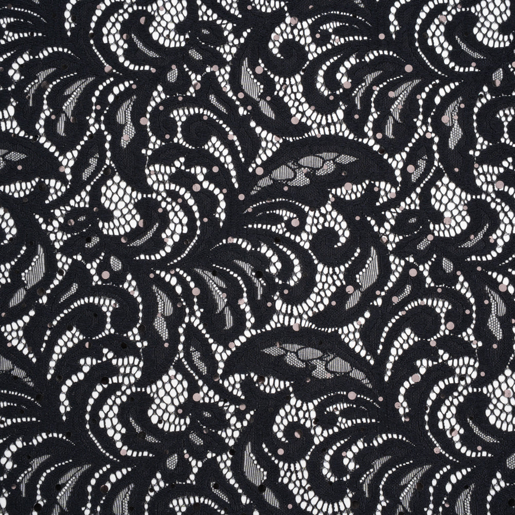 Stretch Raschel Lace with Metallic Spots - Black Fancy Leaves and Flowers