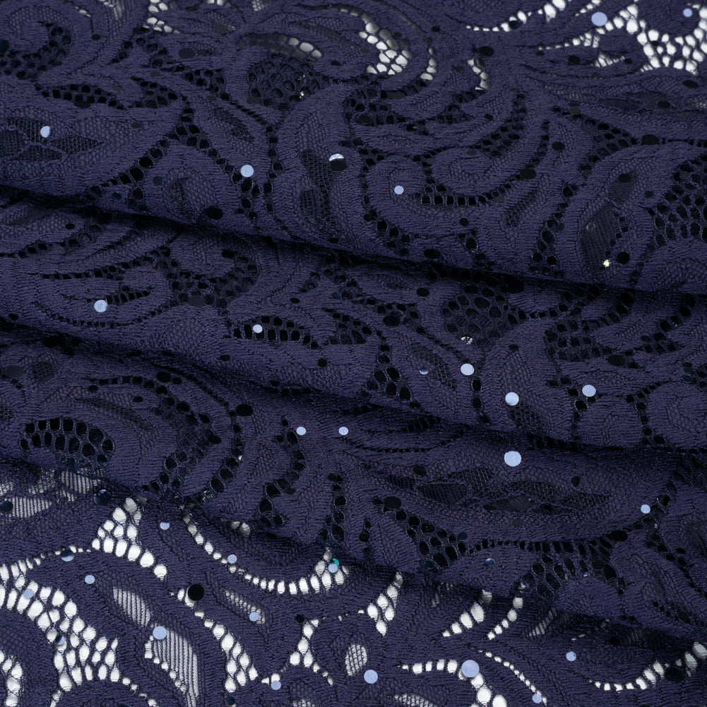 Stretch Raschel Lace with Metallic Spots - Navy Fancy Leaves and Flowers - Folded