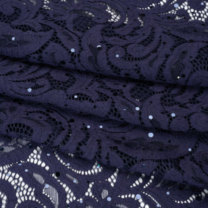 Stretch Raschel Lace with Metallic Spots - Navy Fancy Leaves and Flowers