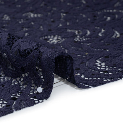 Stretch Raschel Lace with Metallic Spots - Navy Fancy Leaves and Flowers